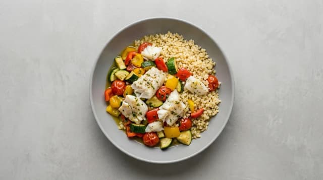 Dorsz z kaszą bulgur i warzywami