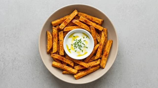 Frytki z batata z dipem jogurtowym