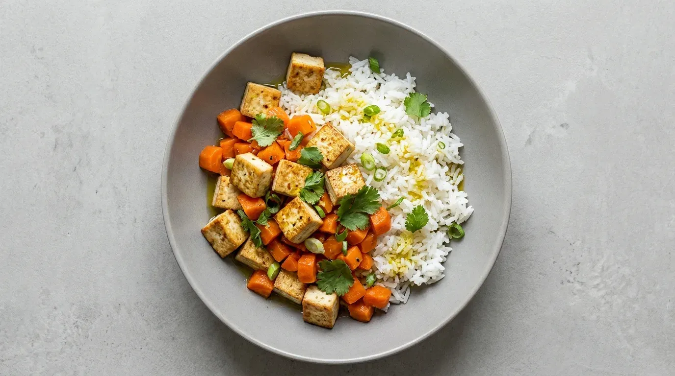 Tofu z ryżem i marchewką